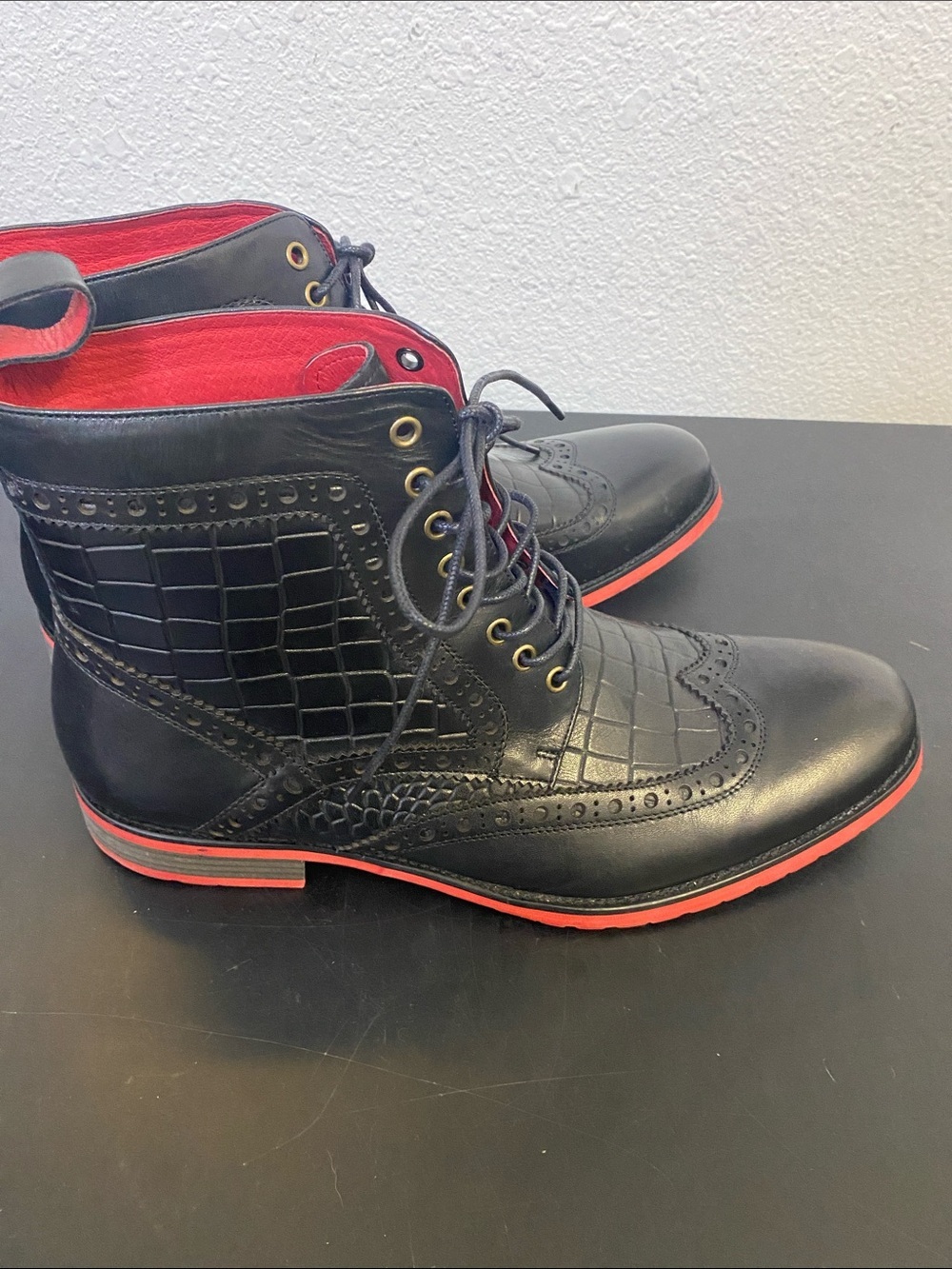 Men's Belmont Black Crocskin Leather Wingtip Combat Boots by marc nolan size 13 - Picture 5 of 7